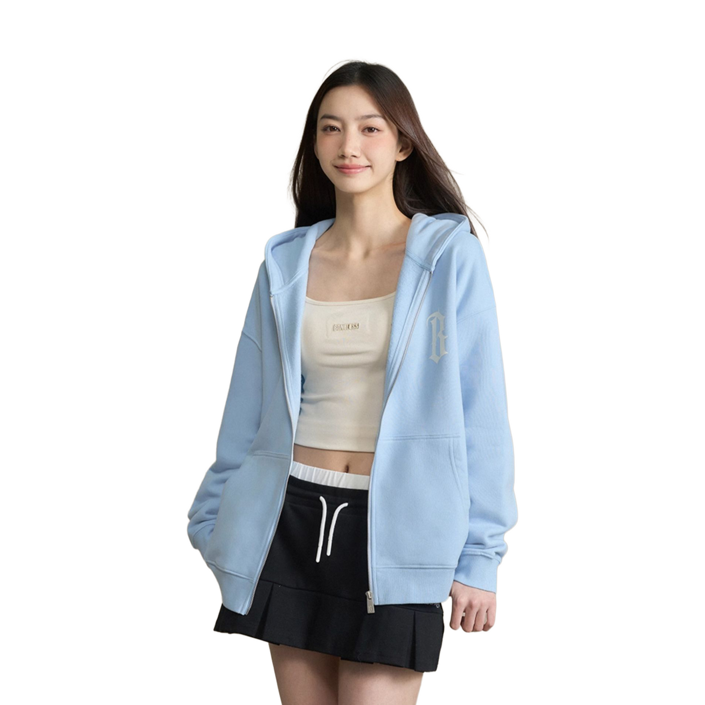 BONELESS Basic B-Print Zipped Up Hoodie Light Blue (FW24)