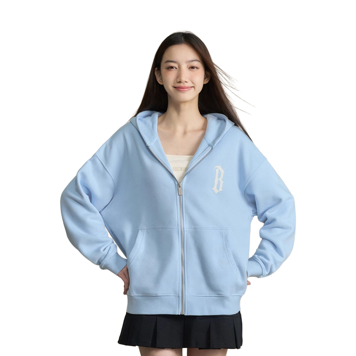 BONELESS Basic B-Print Zipped Up Hoodie Light Blue (FW24)