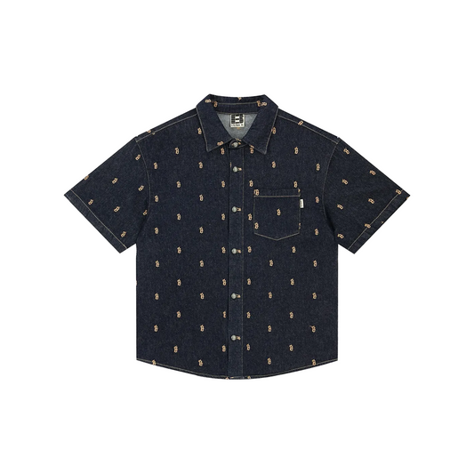 BONELESS Embroidered Jacquard Denim Short Sleeved Shirt Dark Blue (SS24)