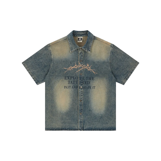 BONELESS Embroidered Pattern Washed Short Sleeved Denim Shirt Mud Yellow (SS24)