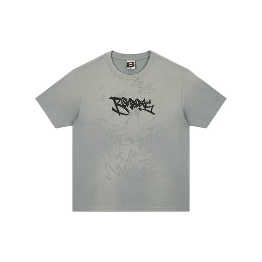 BONELESS Old Washed Graffiti Pattern Tee Light Grey (SS25)