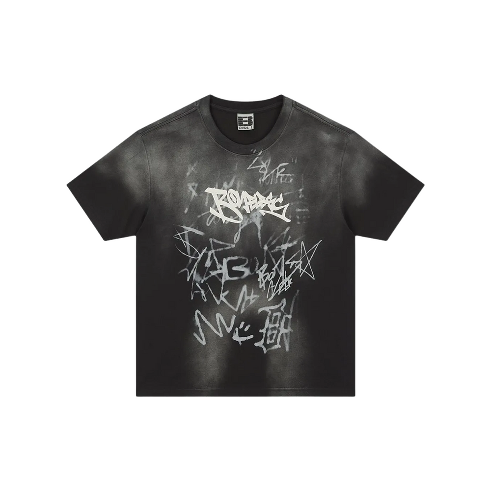 BONELESS Old Washed Graffiti Pattern Tee Washed Black (SS25)