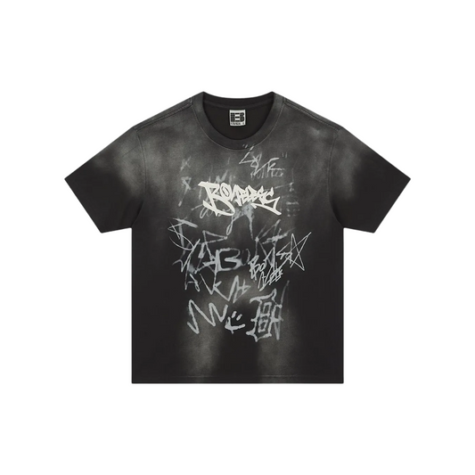BONELESS Old Washed Graffiti Pattern Tee Washed Black (SS25)