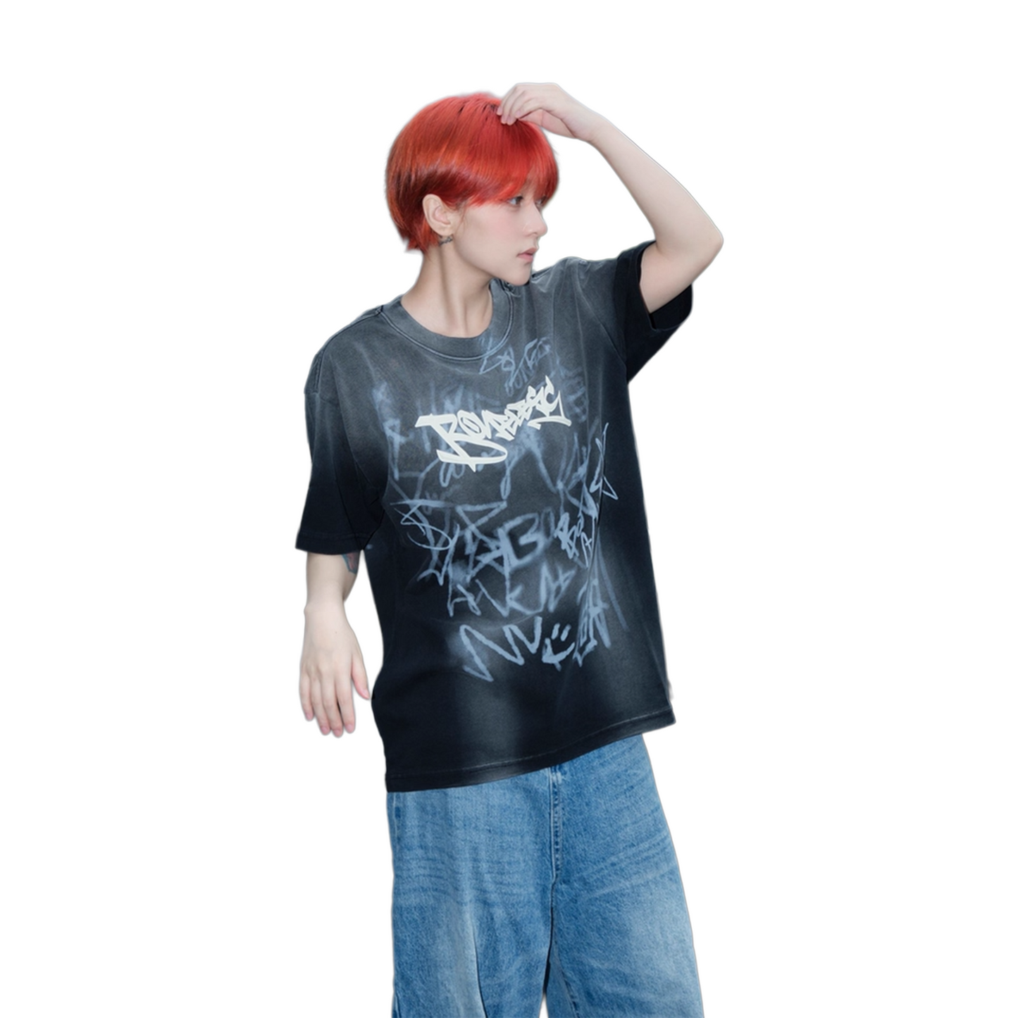 BONELESS Old Washed Graffiti Pattern Tee Washed Black (SS25)