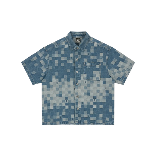 BONELESS Plaid Camouflage Jacquard Denim Short Sleeved Shirt Camouflaged Blue (FW24)