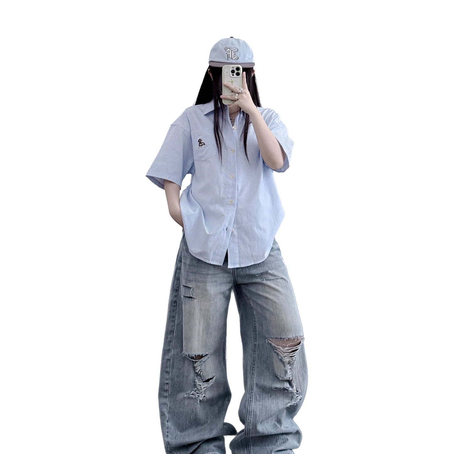 BONELESS Puppy Embroidered Striped Short Sleeved Shirt Light Blue (SS25)