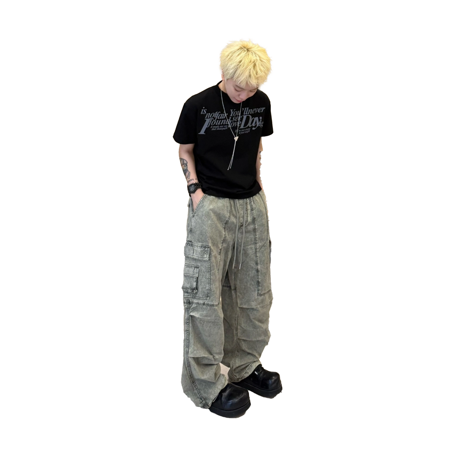 BONELESS Washed Workwear Retro Casual Trousers Grey Green (SS25)