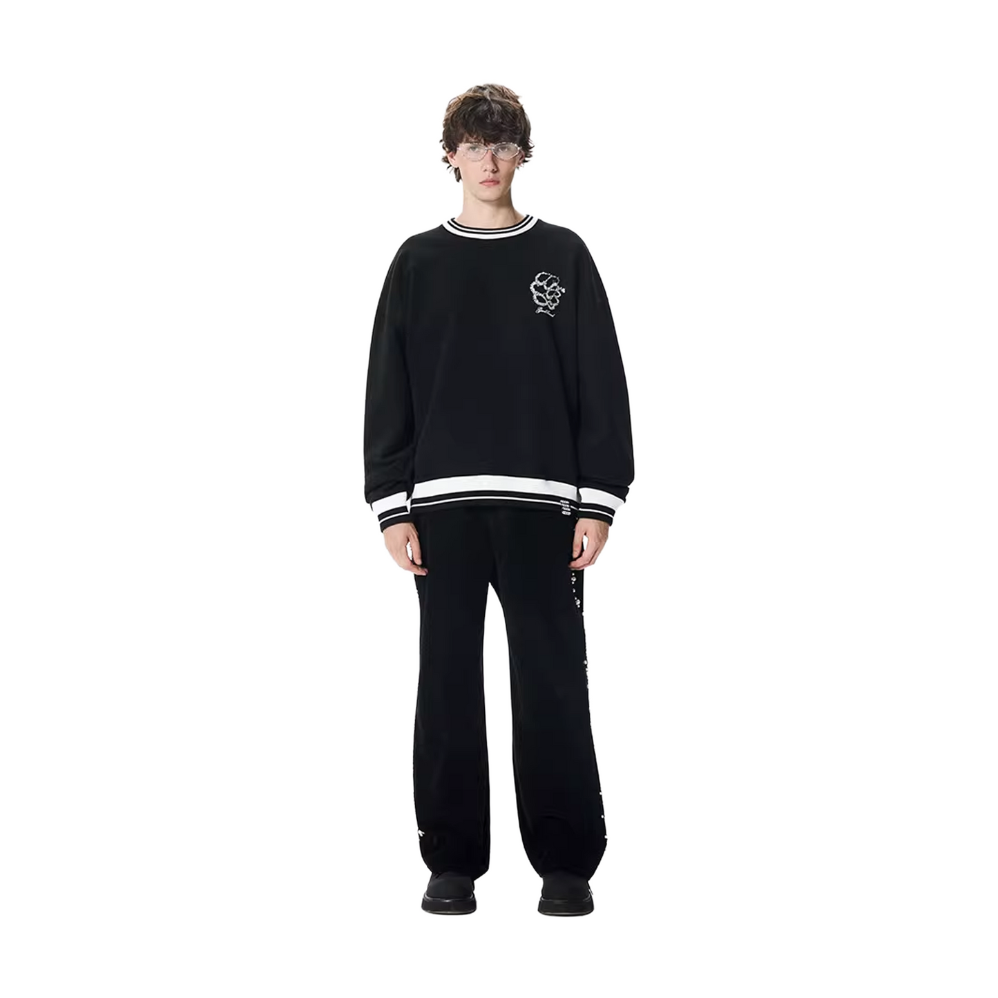 GOODBRAND 3D Embroidered Beaded Floral Long Sleeved Tee Black (FW25)