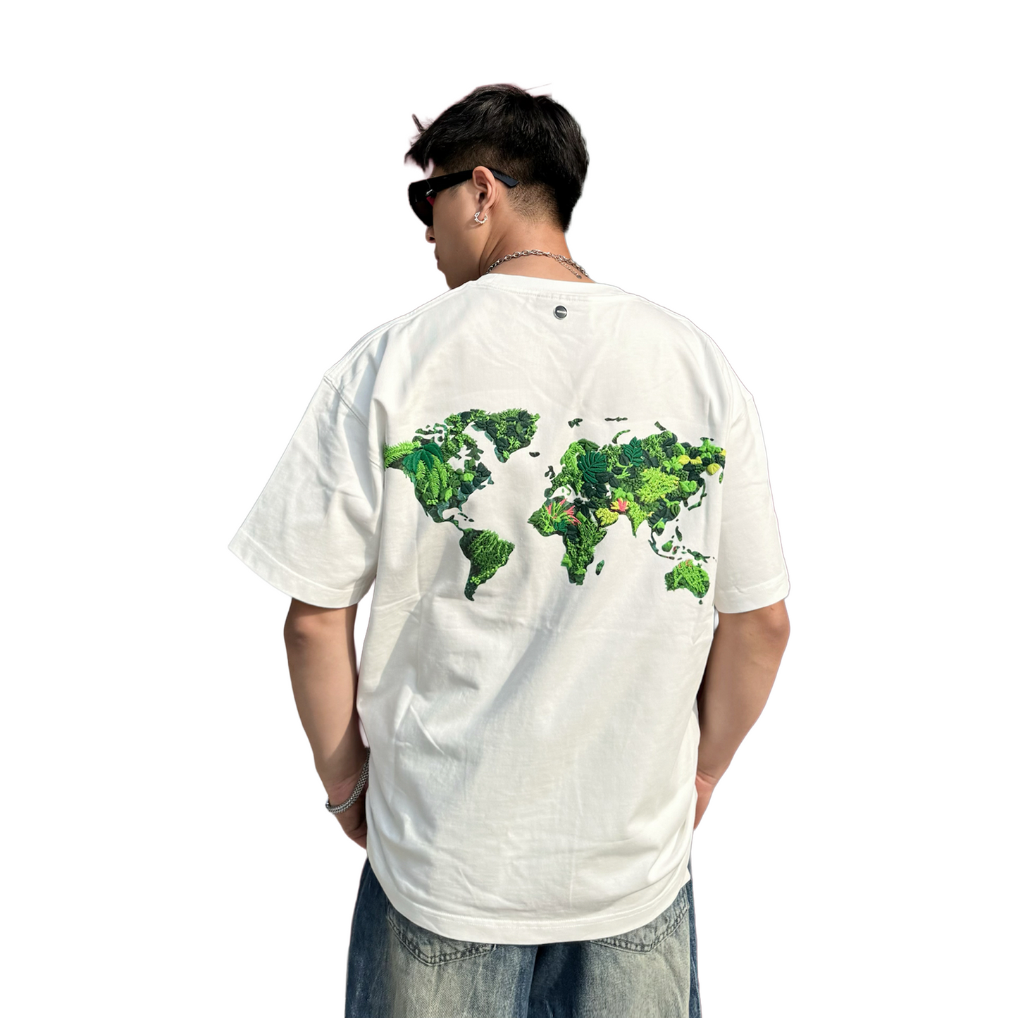 GOODBRAND 3D Green Plant Embroidered Map Logo Tee White (SS25)