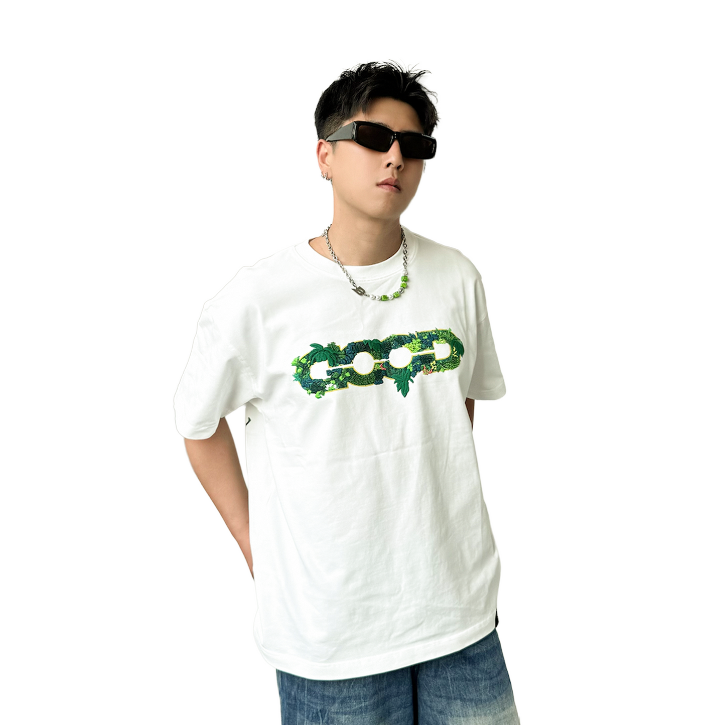 GOODBRAND 3D Green Plant Embroidered Map Logo Tee White (SS25)