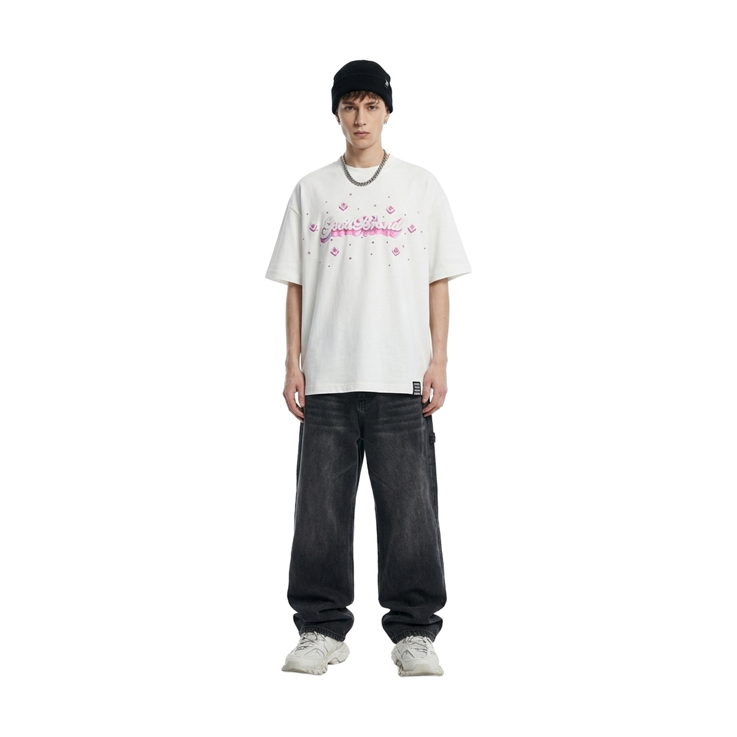 GOODBRAND 3D Logo Floral Embroidery Rhinestone Tee White (SS26)
