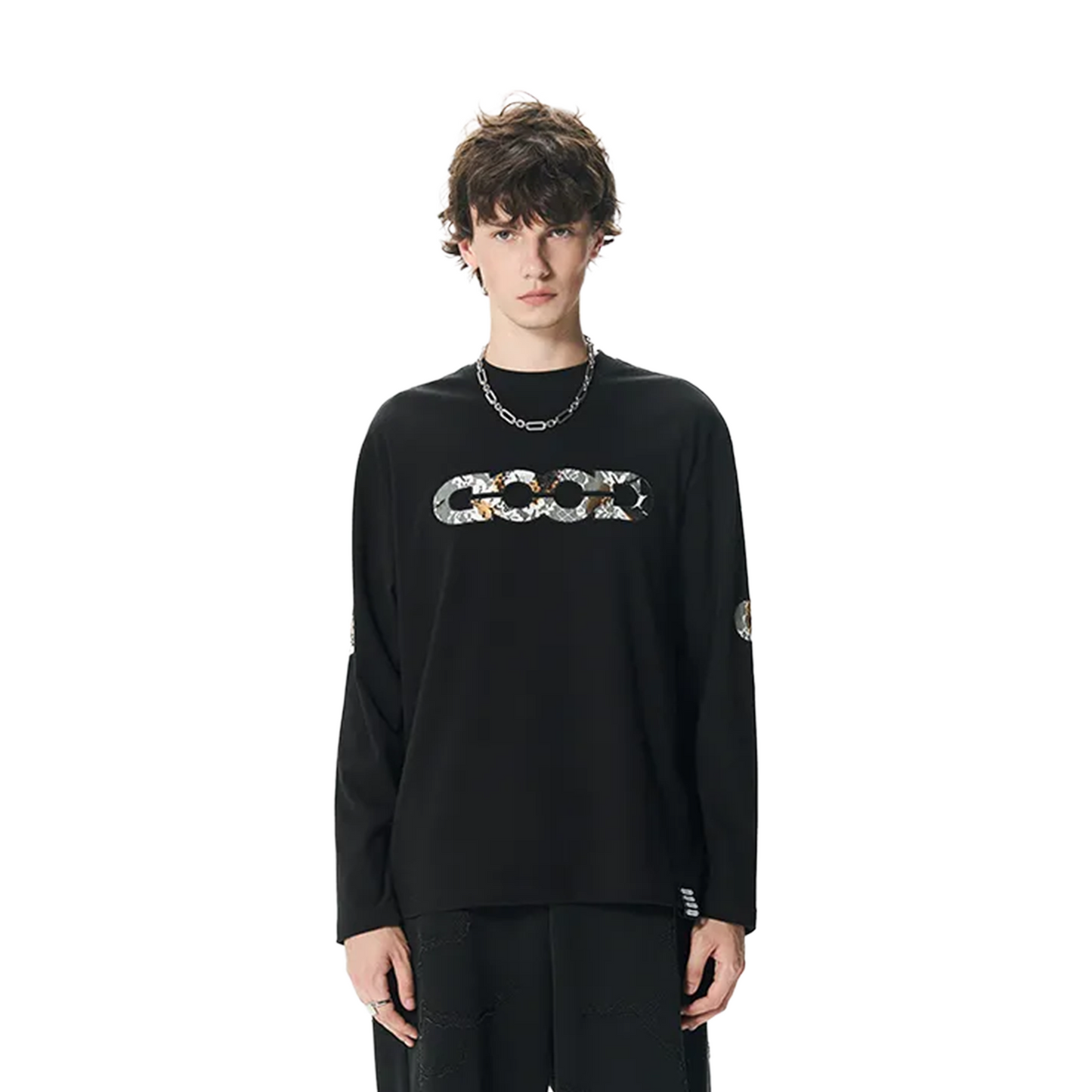 GOODBRAND Burnt Lace Floral Appliqué Long Sleeved Tee Black (FW25)