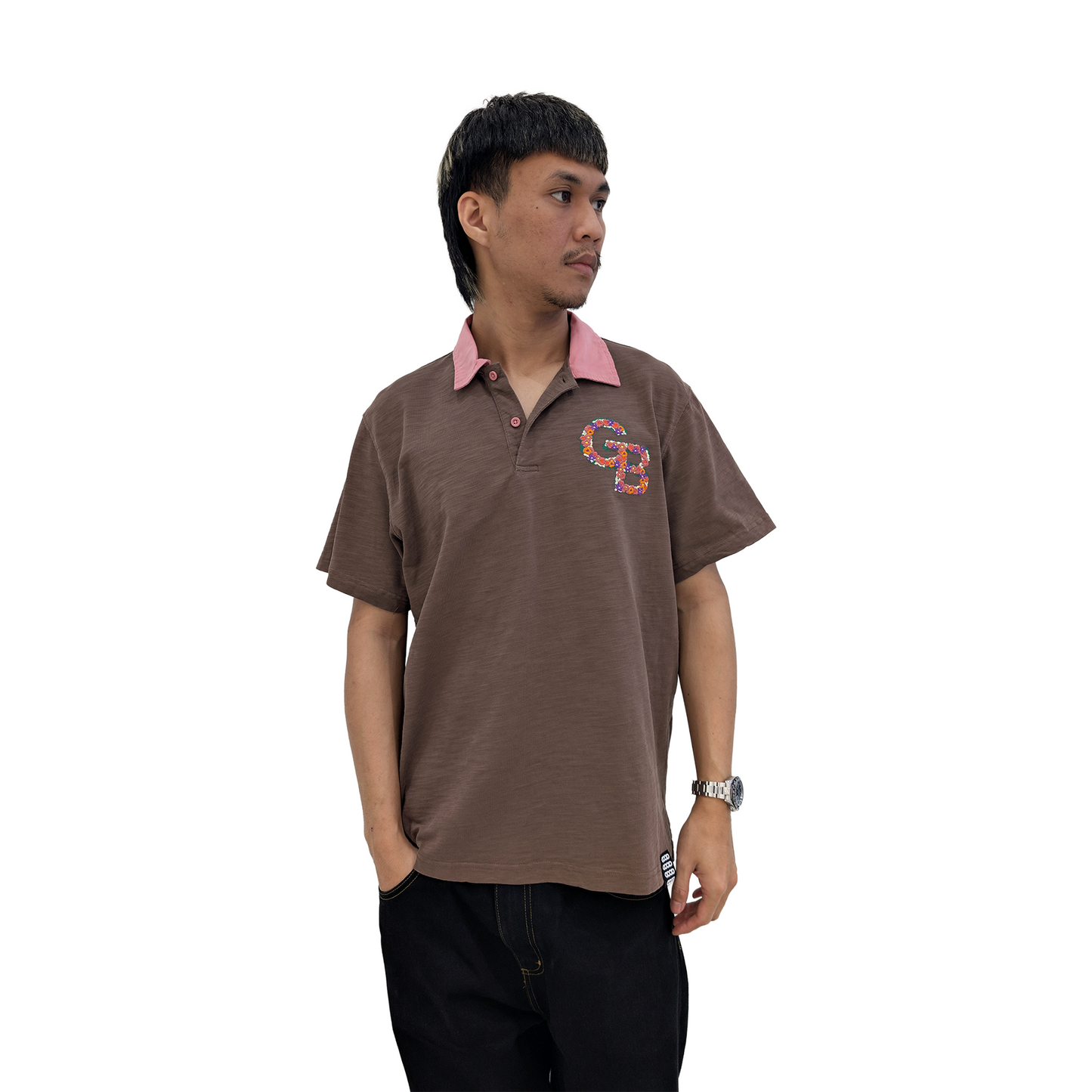 GOODBRAND Colourful Flower Contrast Polo Shirt Brown (SS25)