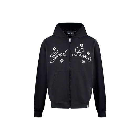 GOODBRAND Good Loves Floral Slogan Zip-Up Hoodie Black (FW25)