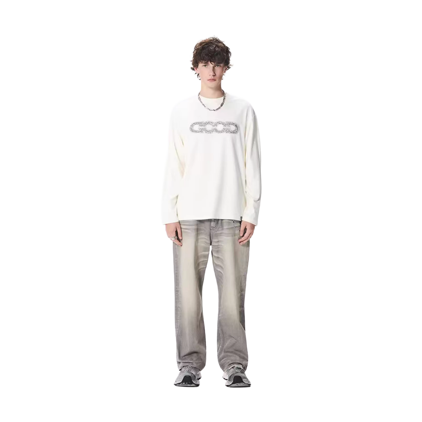 GOODBRAND Good Map Sequin Embroidered Long Sleeved Tee White (FW25)