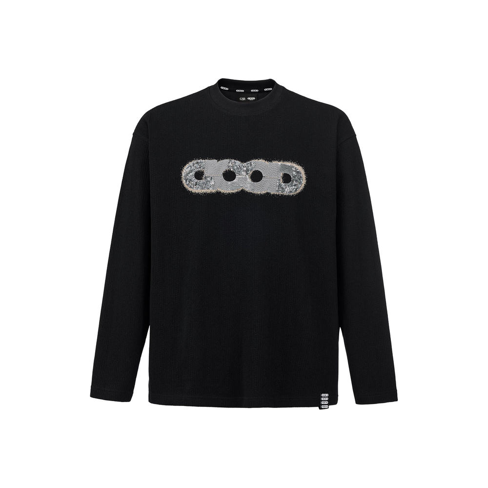 GOODBRAND Splicing Sequin Printed Logo Long Sleeved Tee Black (FW25)