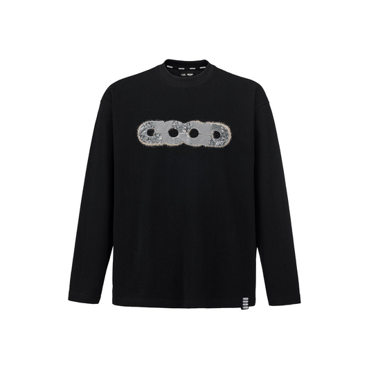 GOODBRAND Splicing Sequin Printed Logo Long Sleeved Tee Black (FW25)