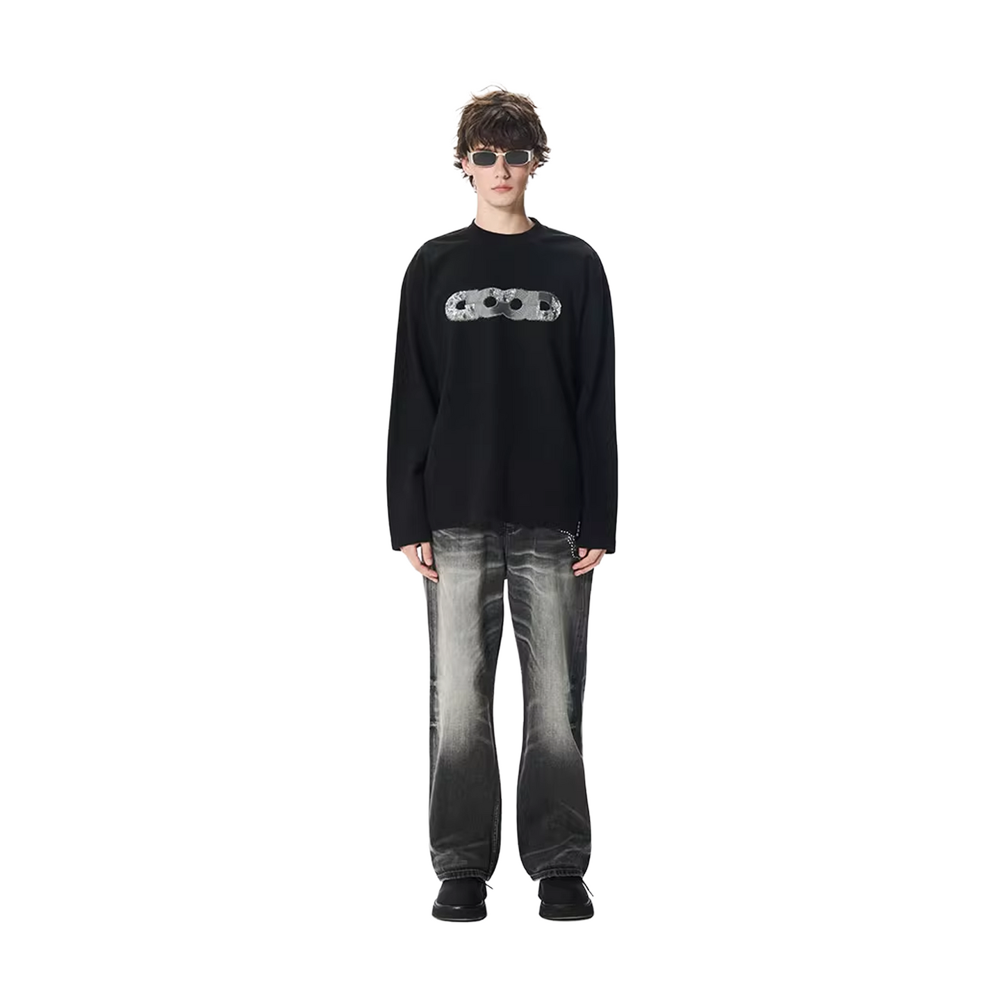 GOODBRAND Splicing Sequin Printed Logo Long Sleeved Tee Black (FW25)