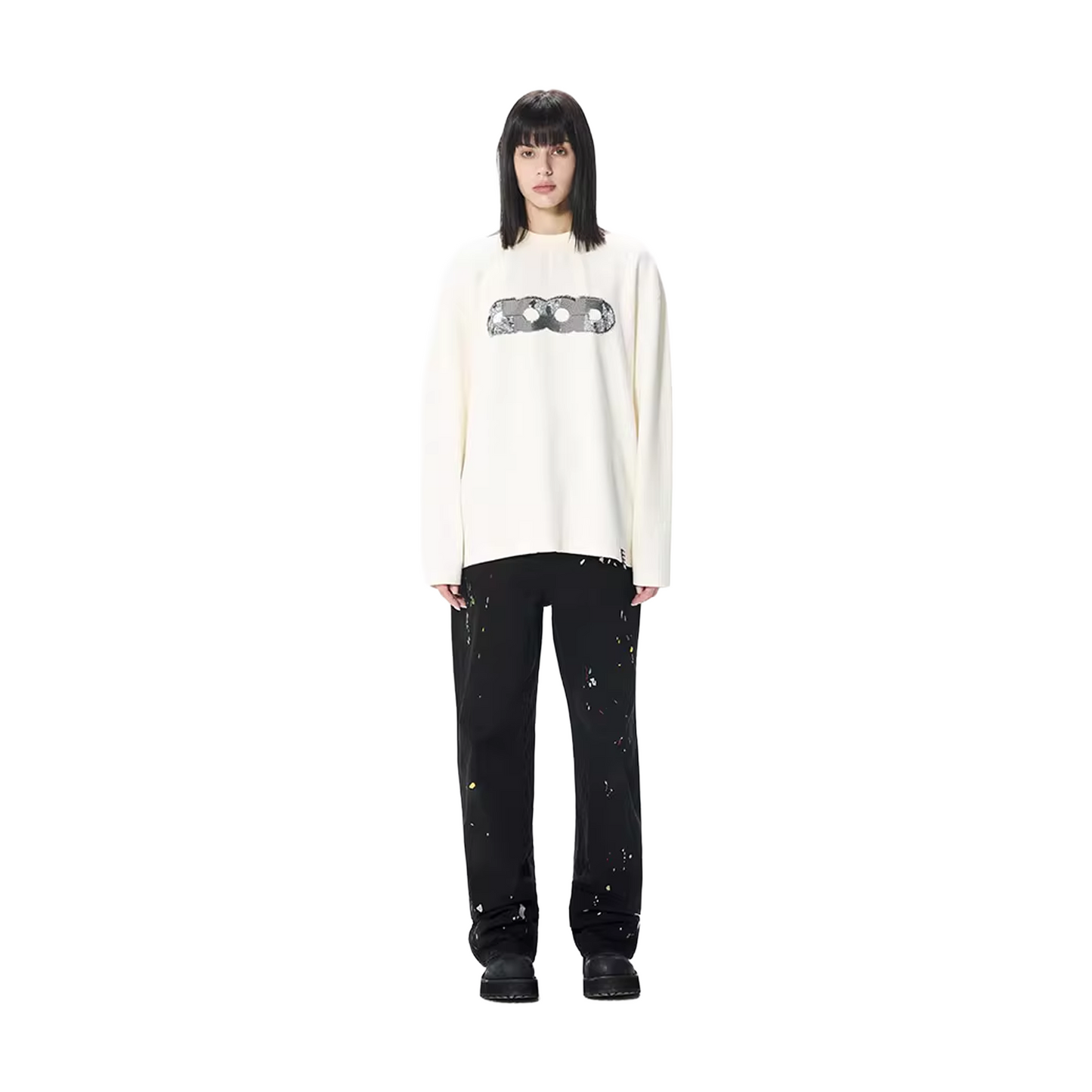 GOODBRAND Splicing Sequin Printed Logo Long Sleeved Tee White (FW25)