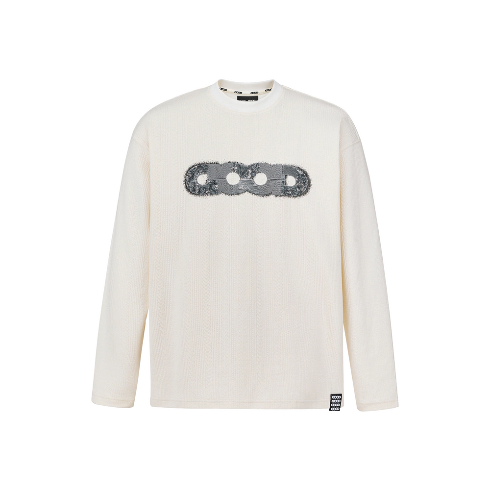 GOODBRAND Splicing Sequin Printed Logo Long Sleeved Tee White (FW25)