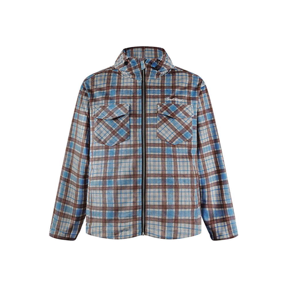 GOODBRAND Suede Beaded Hood Shirt Blue Gray Plaid (FW25)