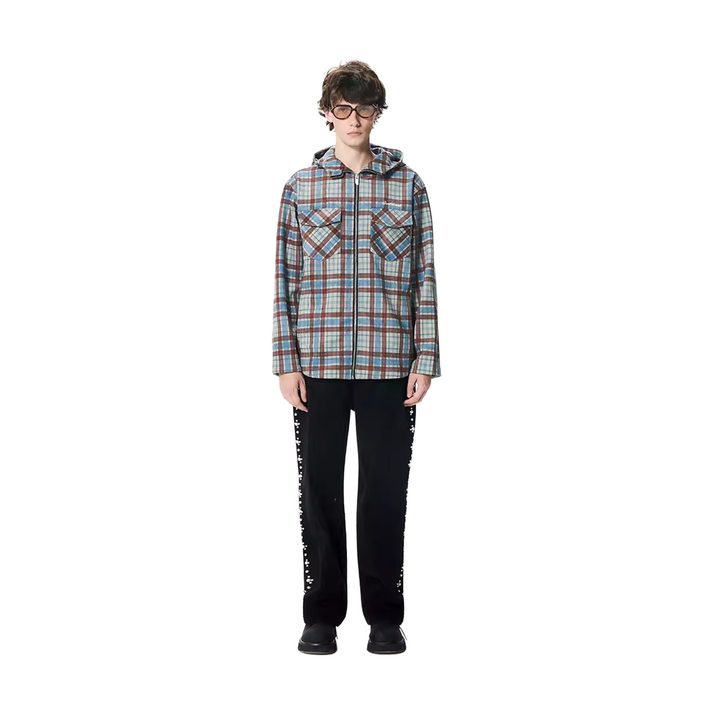 GOODBRAND Suede Beaded Hood Shirt Blue Gray Plaid (FW25)