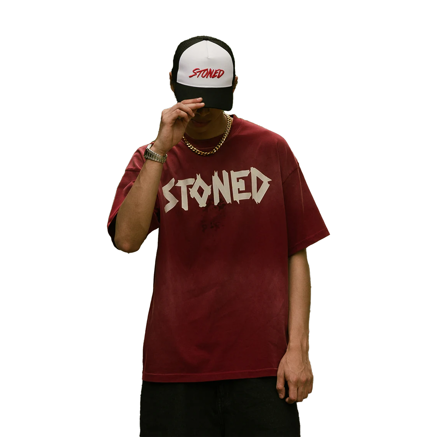 Stoned & Co ® Golden Jade: Stoned Tape Wash Tee Red (SS25)