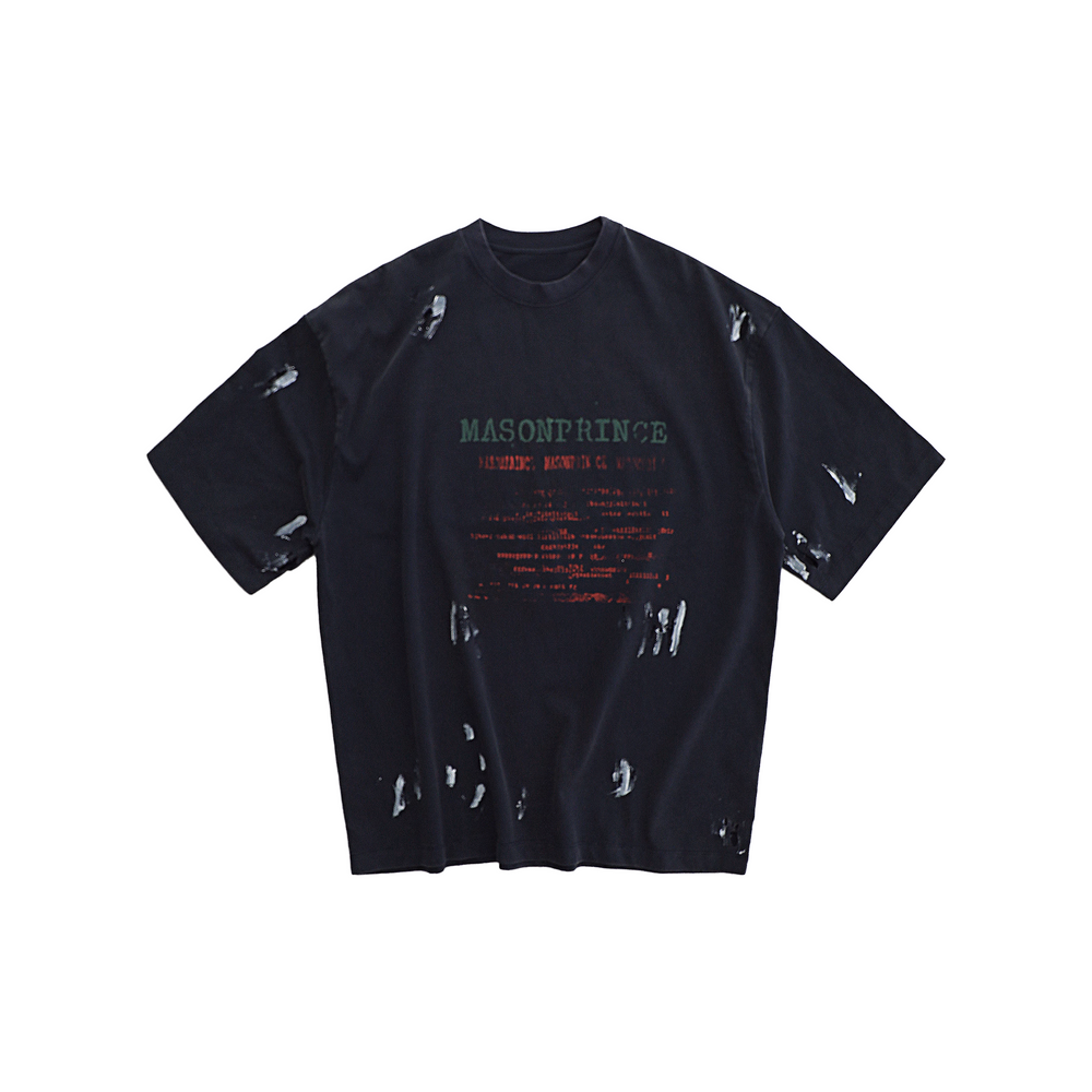 MASONPRINCE Brush Hole Distressed Logo Tee Black (SS24)