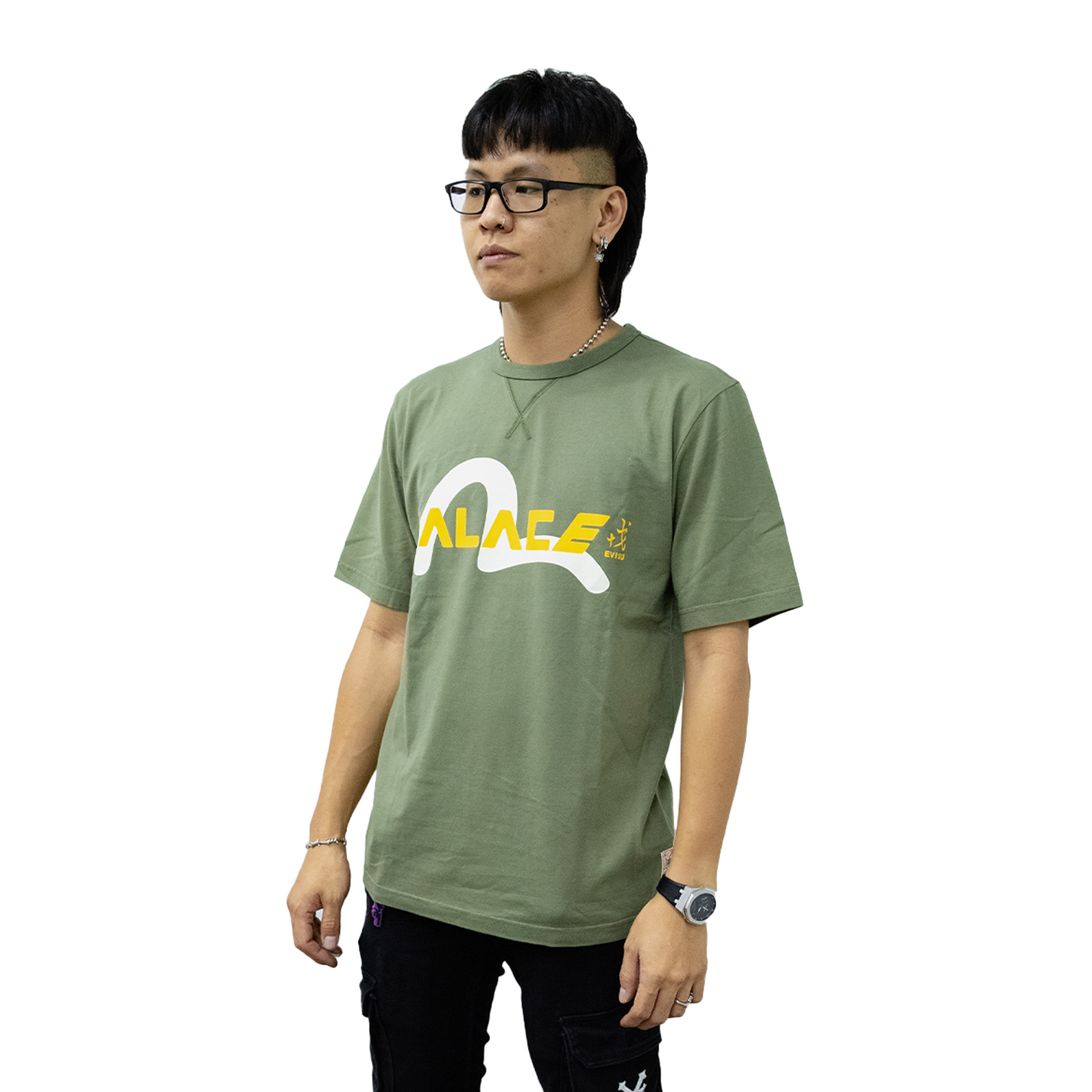 Palace x Evisu Contrasting Logo Print Tee Olive