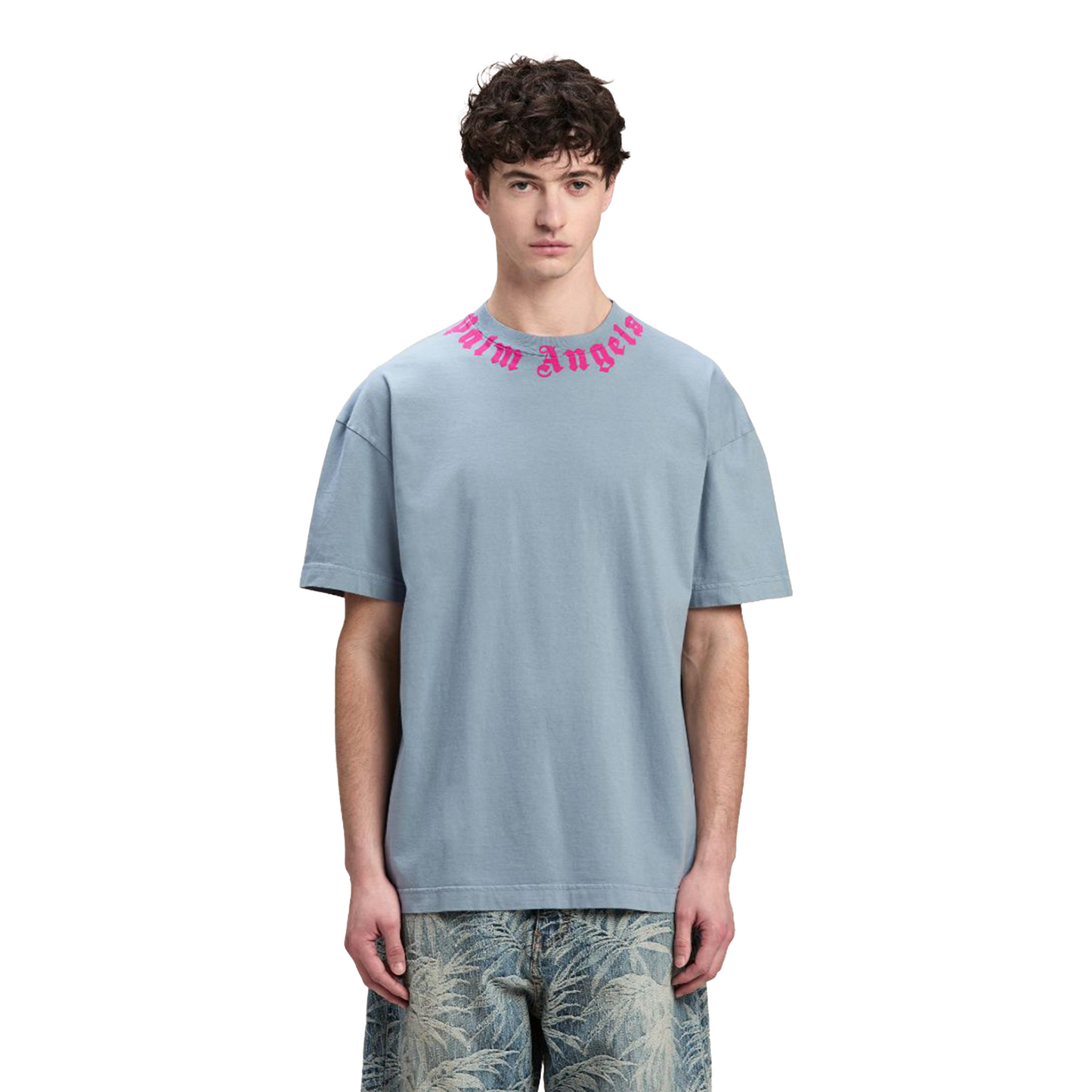 Palm Angels Neck Logo Tee Light Grey/Fuchsia (FW24)