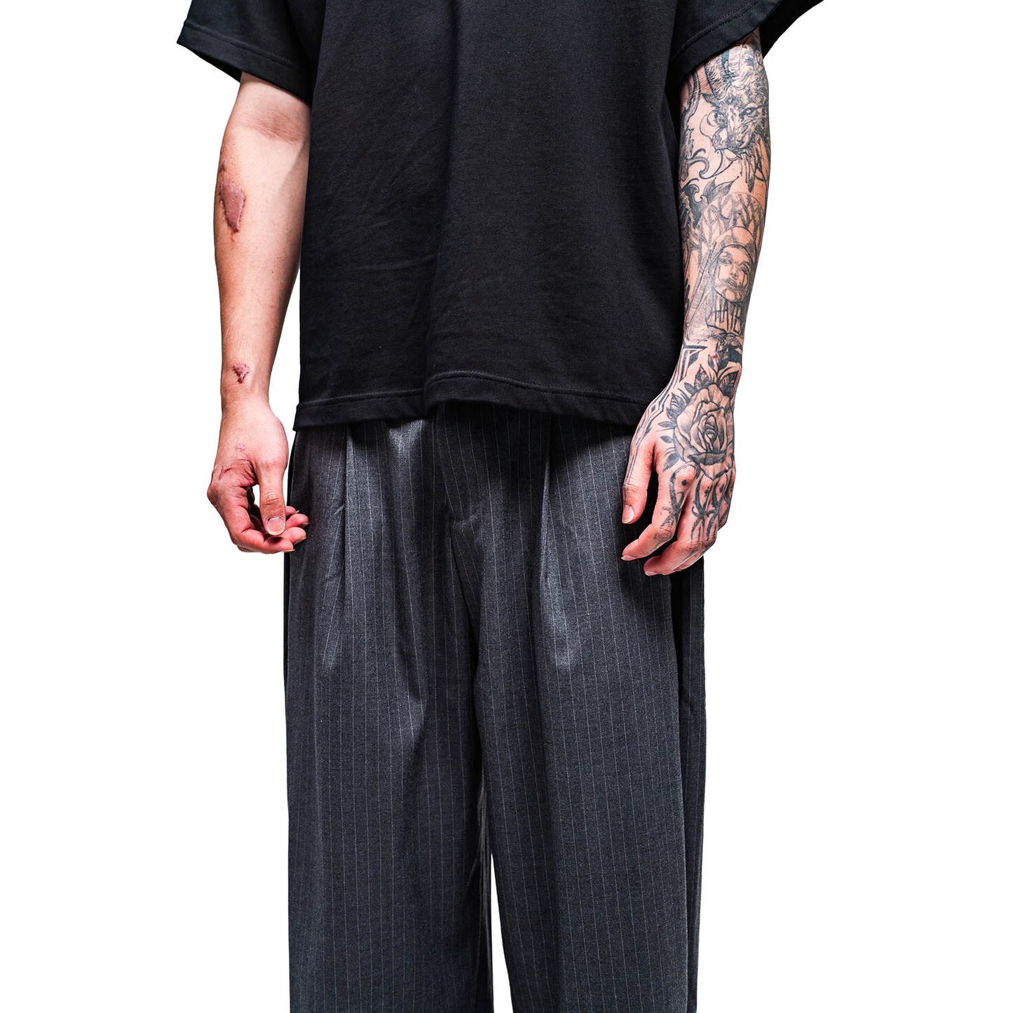 RAW/21 Wide Pinstripe Trousers Grey (SS26)