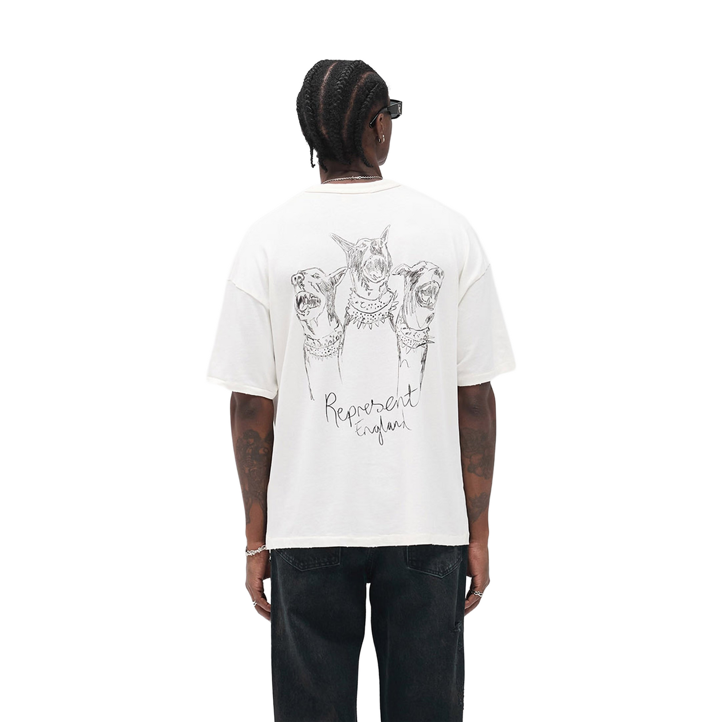 Represent Hand Drawn Thoroughbred Dogs Tee Flat White (FW25)