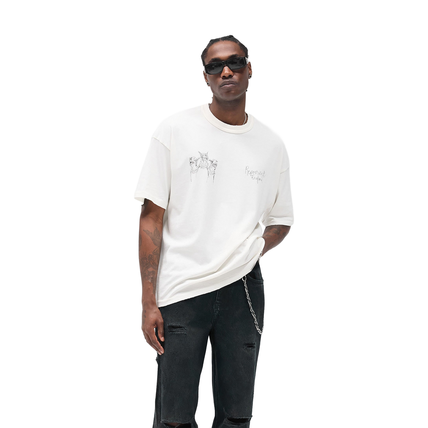 Represent Hand Drawn Thoroughbred Dogs Tee Flat White (FW25)