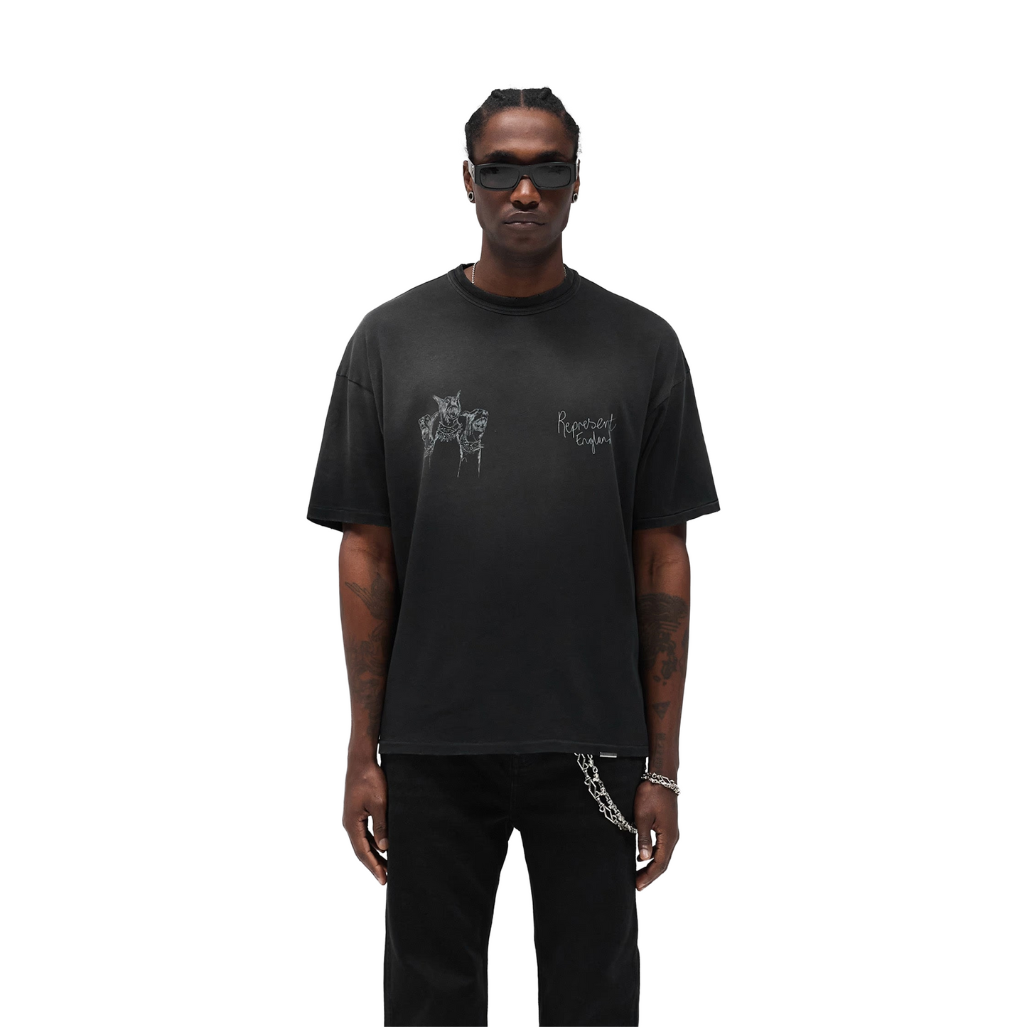 Represent Hand Drawn Thoroughbred Tee Aged Black (FW25)