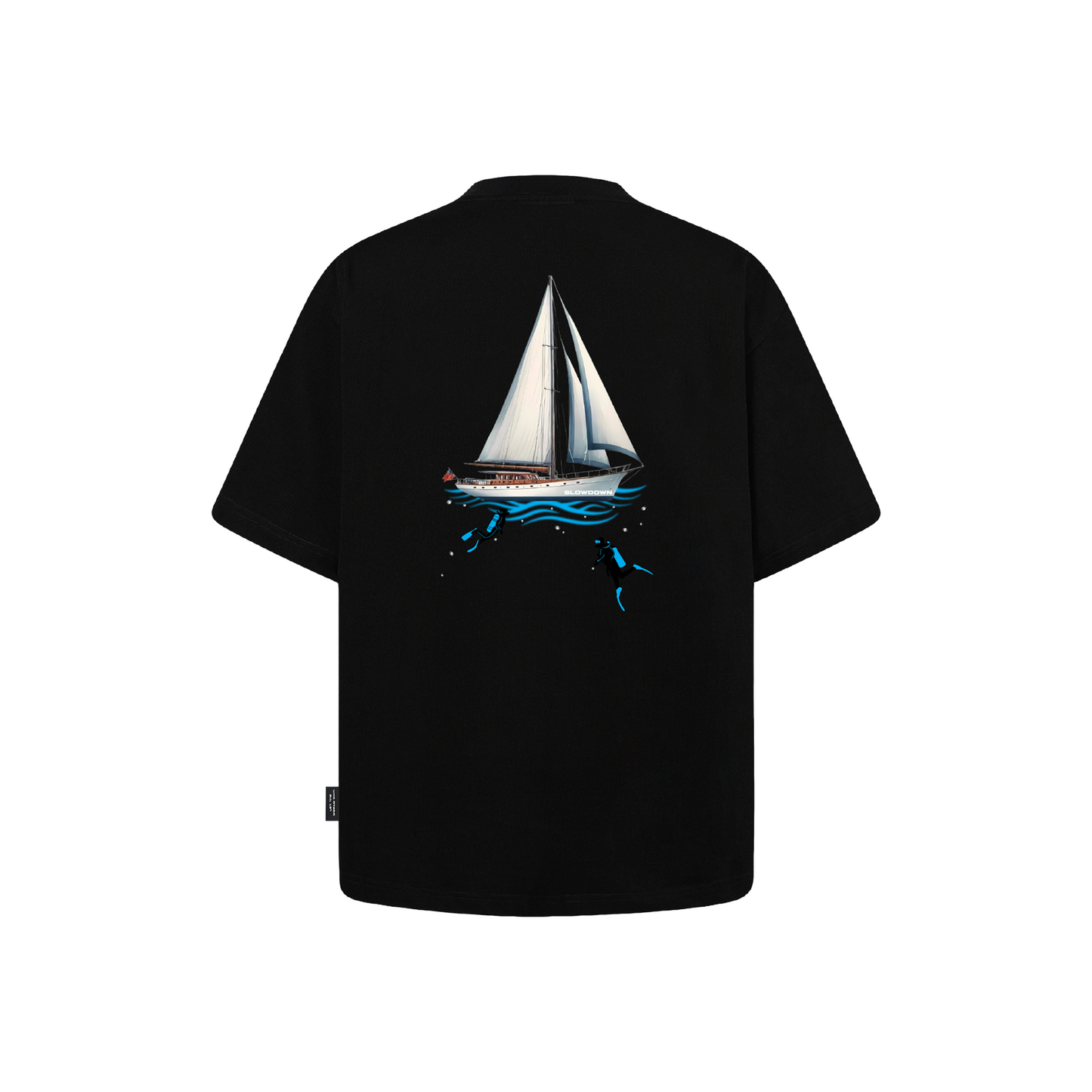 SLOWDOWN 3D Diver Embroidery Rhinestone Embellished Black Tee (SS26)
