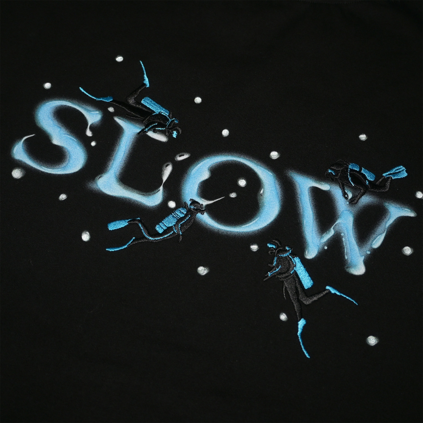 SLOWDOWN 3D Diver Embroidery Rhinestone Embellished Black Tee (SS26)