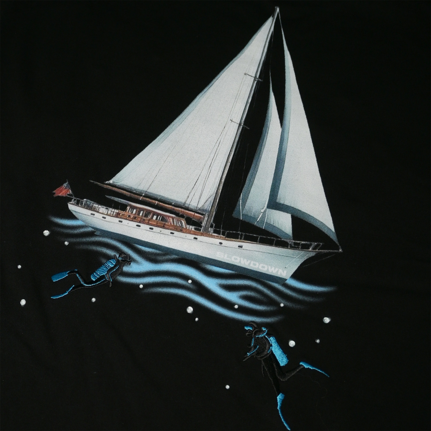SLOWDOWN 3D Diver Embroidery Rhinestone Embellished Black Tee (SS26)