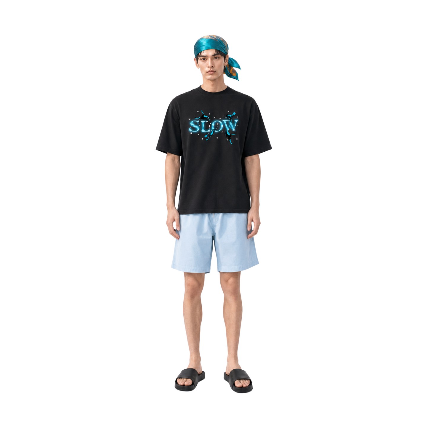 SLOWDOWN 3D Diver Embroidery Rhinestone Embellished Black Tee (SS26)
