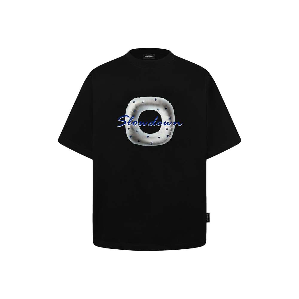 SLOWDOWN 3D Rhinestone & Flocked Lifebuoy Black Tee (SS26)