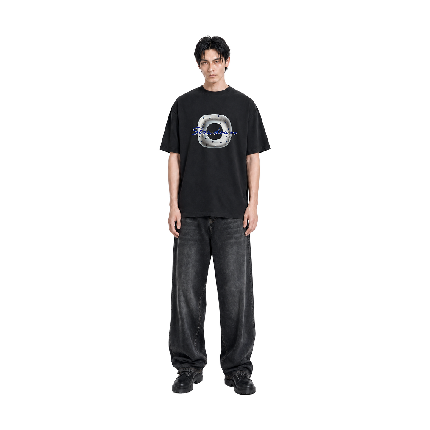 SLOWDOWN 3D Rhinestone & Flocked Lifebuoy Black Tee (SS26)