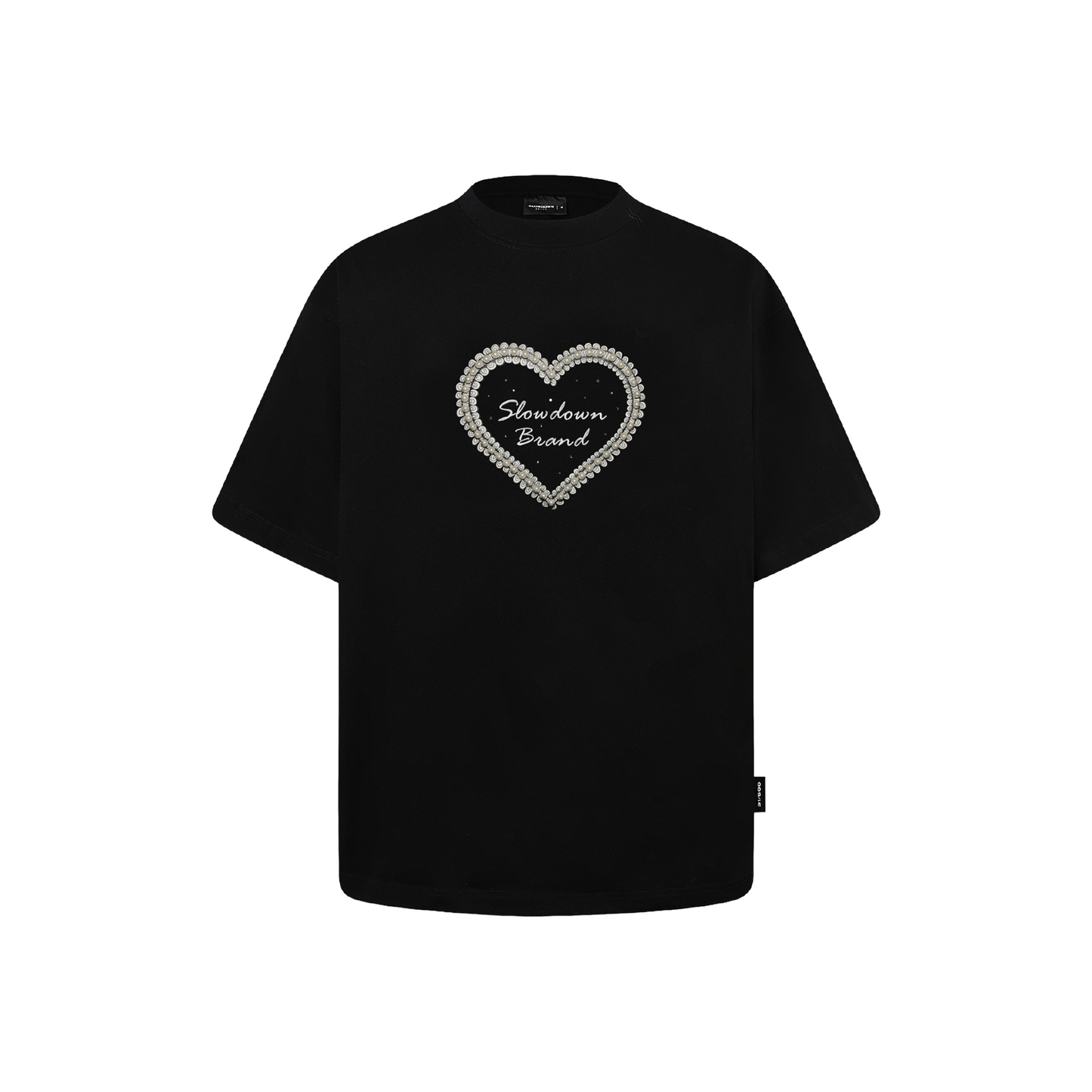 SLOWDOWN QIXI Exclusive 3D Heart Beaded & Rhinestone Embellished Black Tee (SS26)