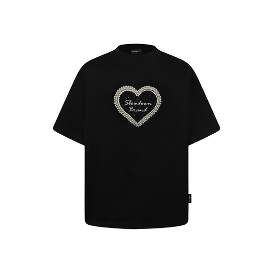 SLOWDOWN QIXI Exclusive 3D Heart Beaded & Rhinestone Embellished Black Tee (SS26)