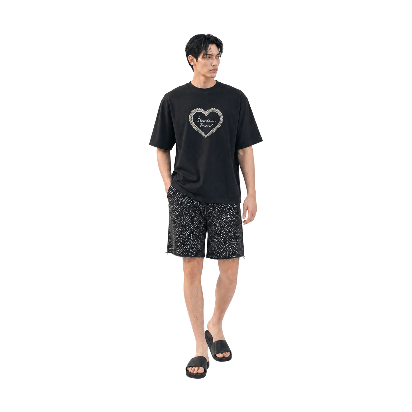 SLOWDOWN QIXI Exclusive 3D Heart Beaded & Rhinestone Embellished Black Tee (SS26)
