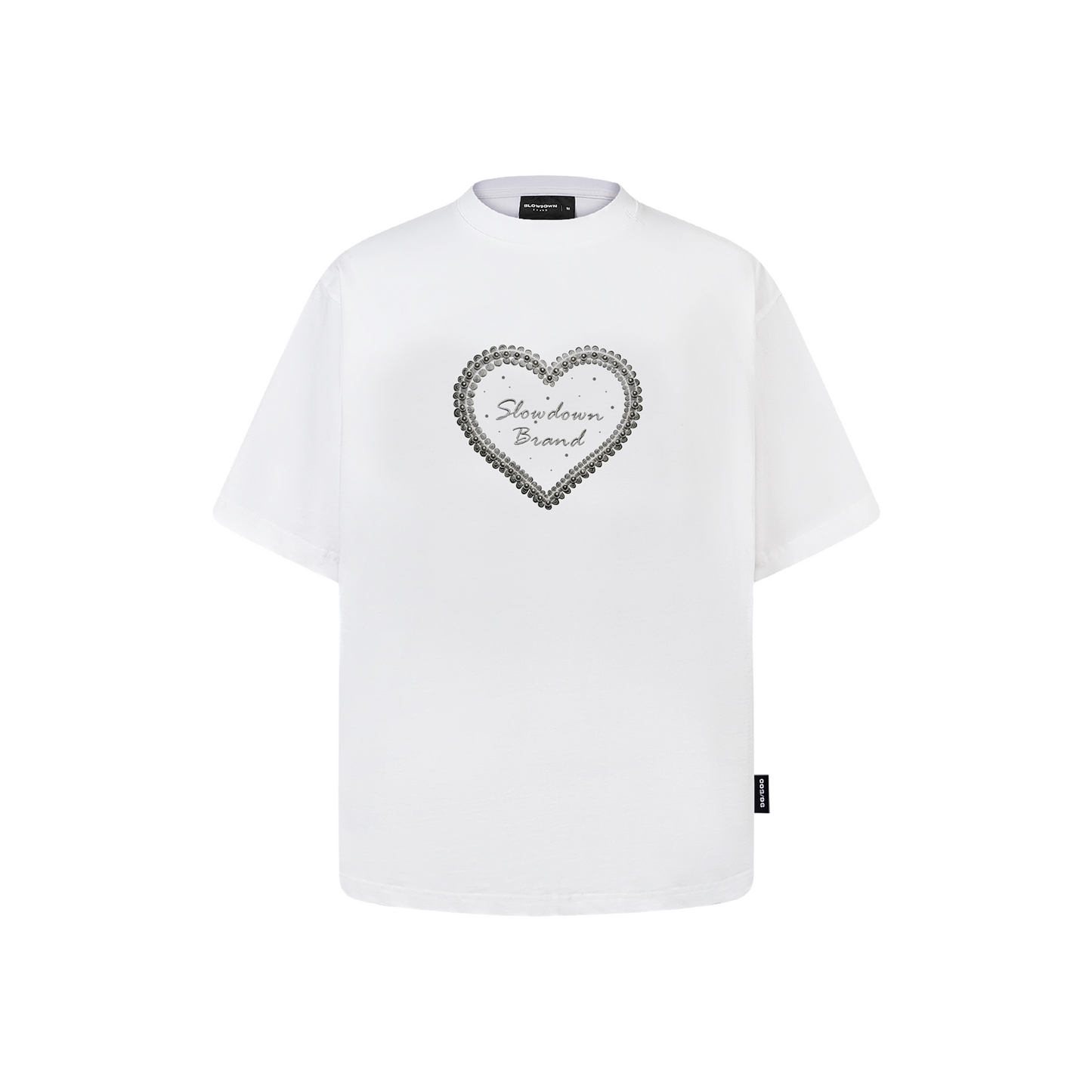 SLOWDOWN QIXI Exclusive 3D Heart Beaded & Rhinestone Embellished White Tee (SS26)