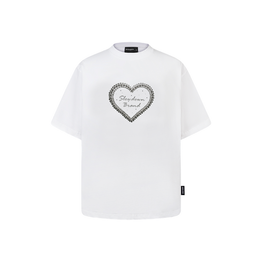 SLOWDOWN QIXI Exclusive 3D Heart Beaded & Rhinestone Embellished White Tee (SS26)