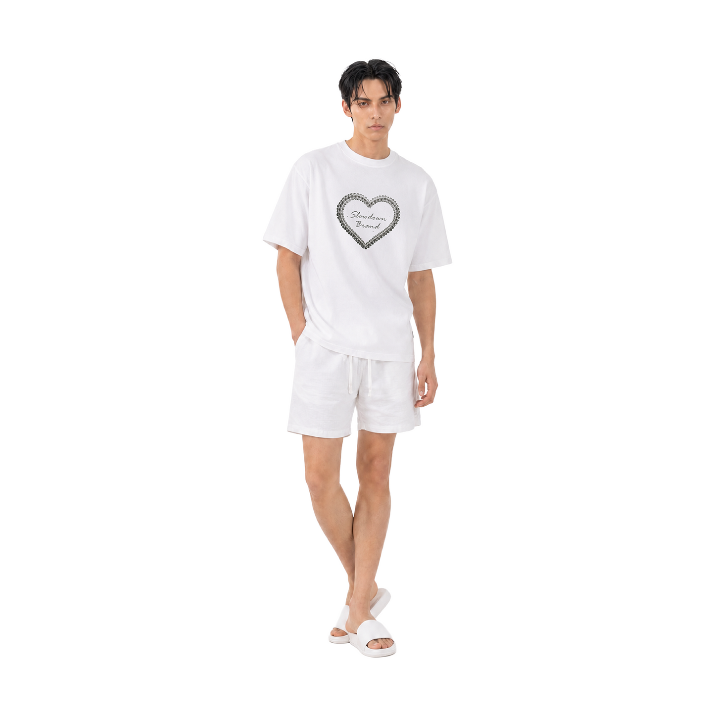 SLOWDOWN QIXI Exclusive 3D Heart Beaded & Rhinestone Embellished White Tee (SS26)