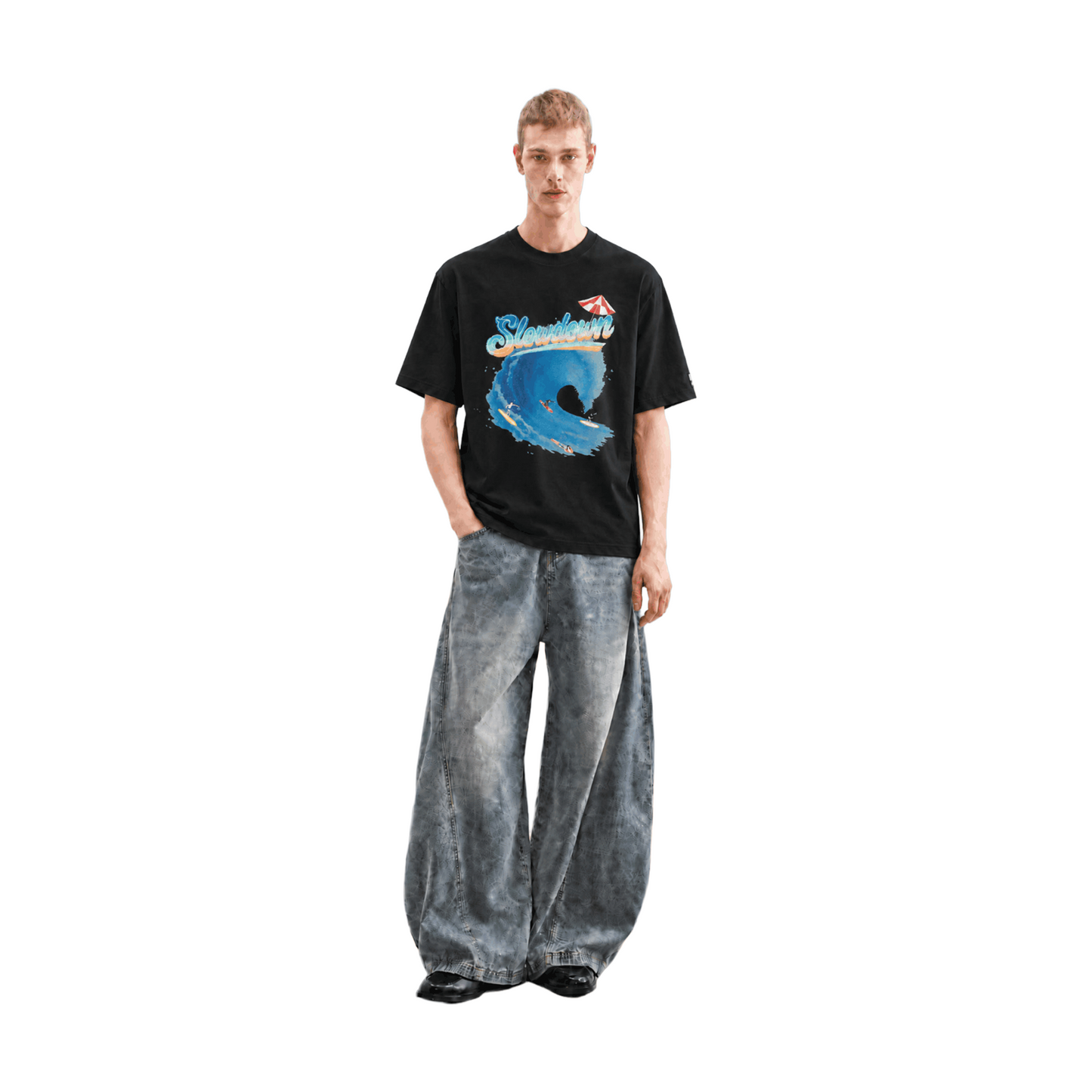 SLOWDOWN Sea Surfing Towel Embroidery Tee Black (SS26)