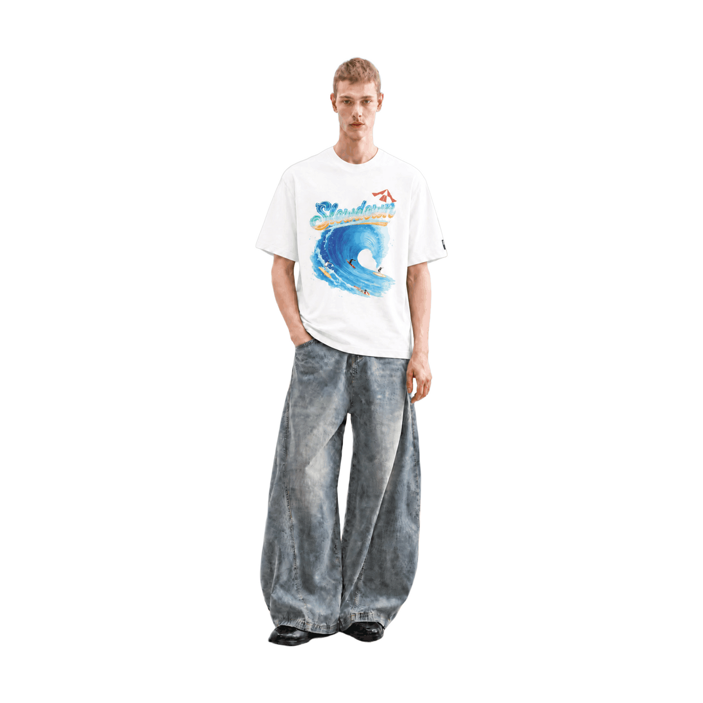 SLOWDOWN Sea Surfing Towel Embroidery Tee White (SS26)