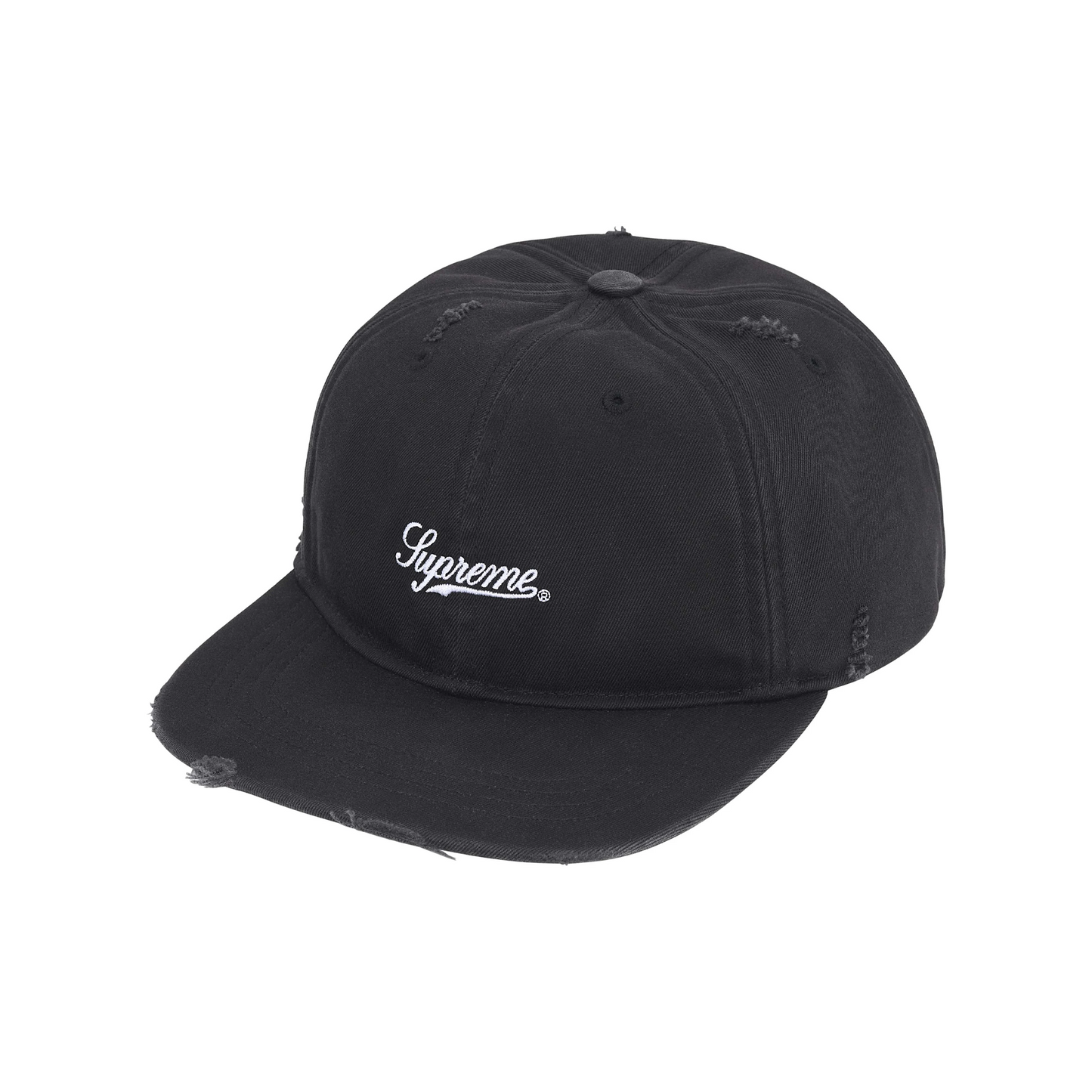 Supreme Distressed Script 6-Panel Cap Black (FW25) – STEALPLUG KL Supreme Distressed Script 6-Panel Cap Black (FW25) – STEALPLUG KL