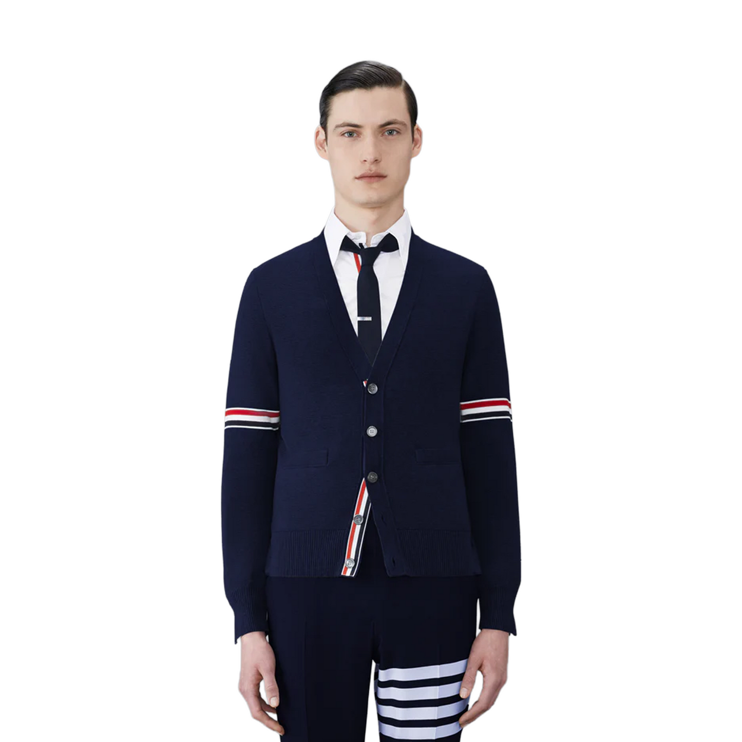 THOM BROWNE Cotton Milano Stitch V-Neck Cardigan Navy (FW23)